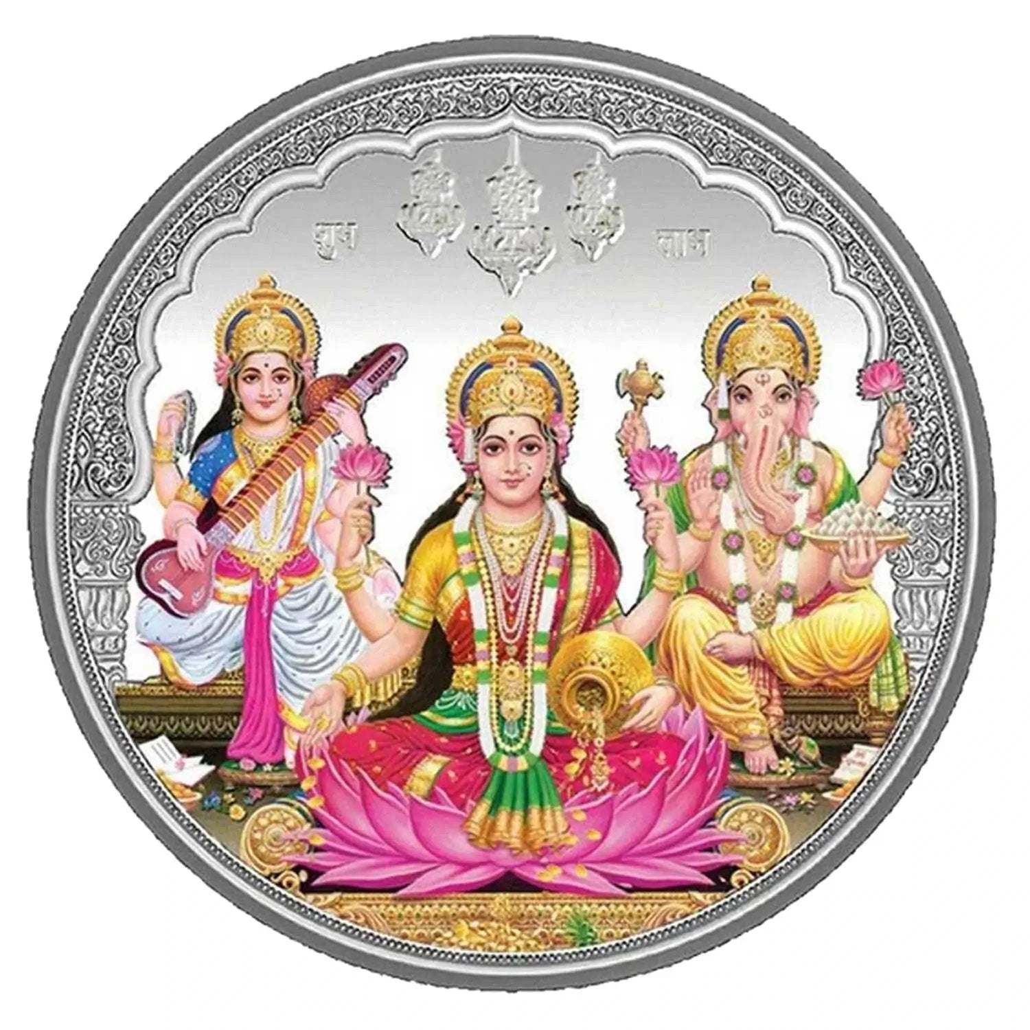 colour silver coins of Ganesh Laxmi in pure silver hallmark certified , buy online on www.caratcafe.in