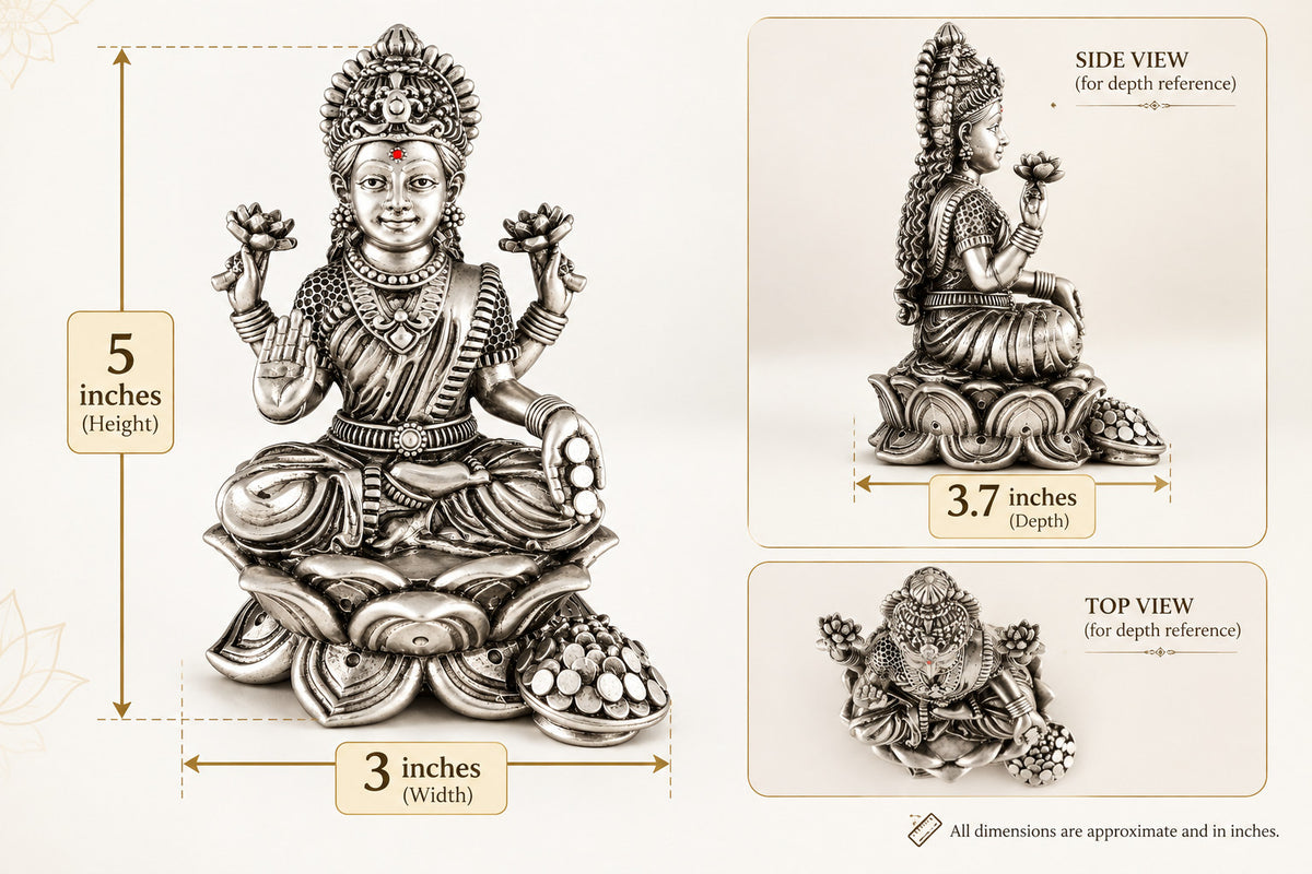 925 silver Maa Laxmi idol size and dimensions graphic