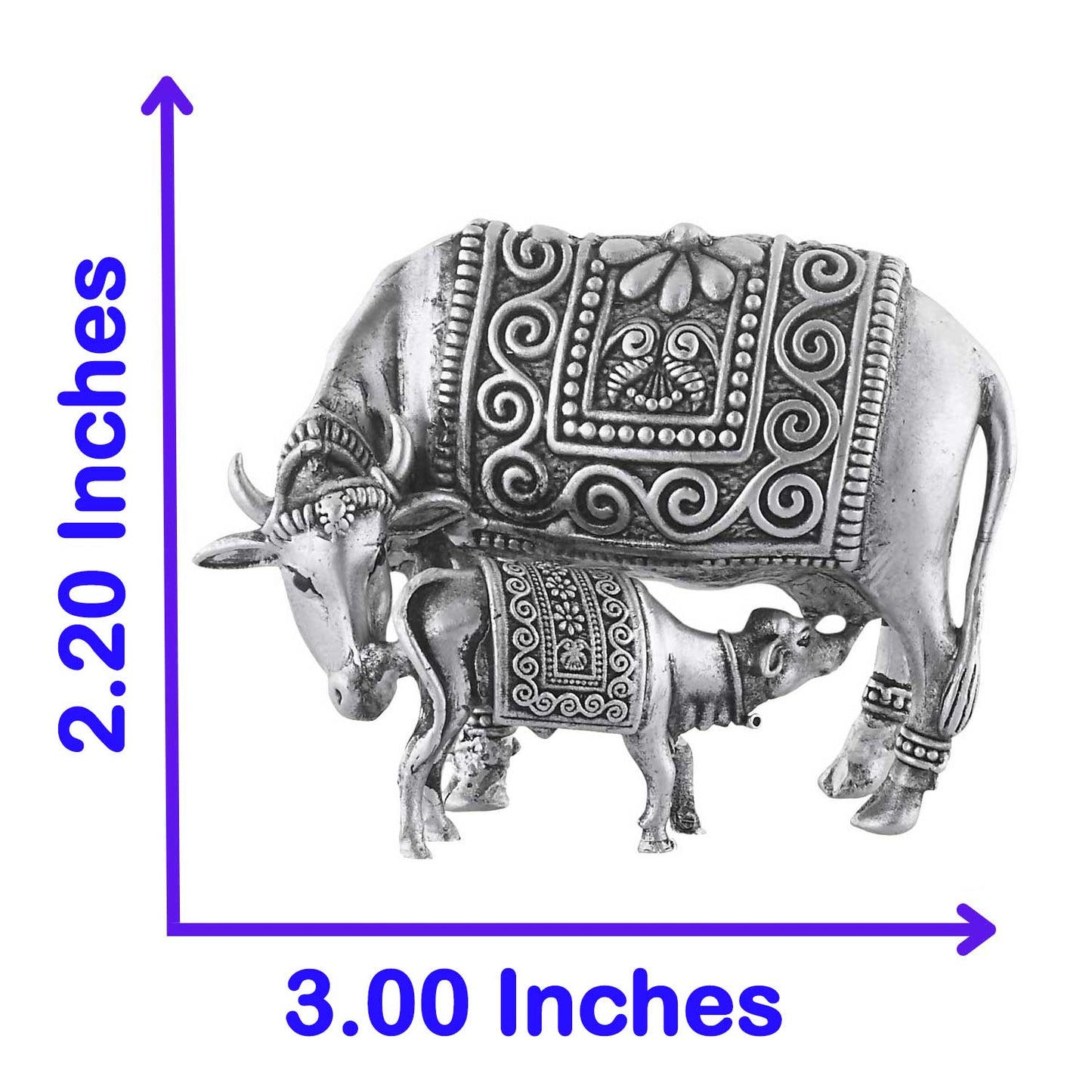 Decorative silver cow figurine with measurements on a white background