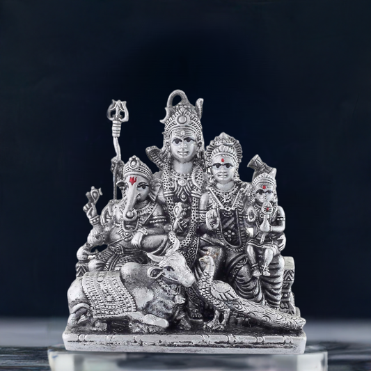 Silver Shiv Parivar Lord Shiva Maa Parvati Ganesh Ji Kartikeya Nandi & Peacock Idol