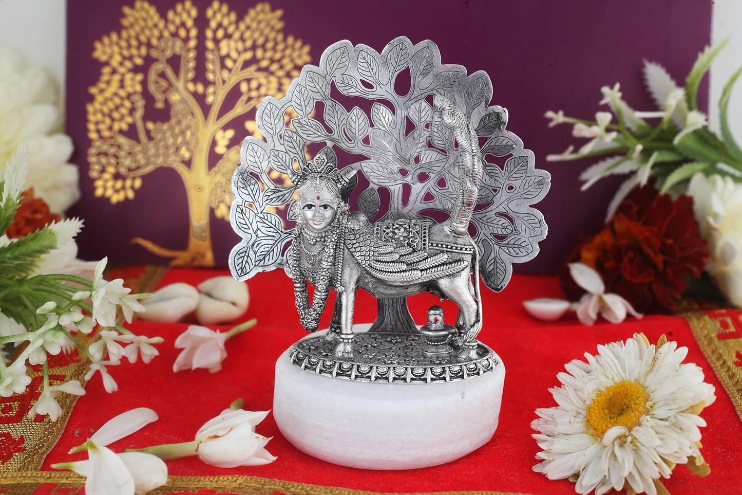 Silver 925 Surabhi Kamdhenu Cow With Shivling Idol