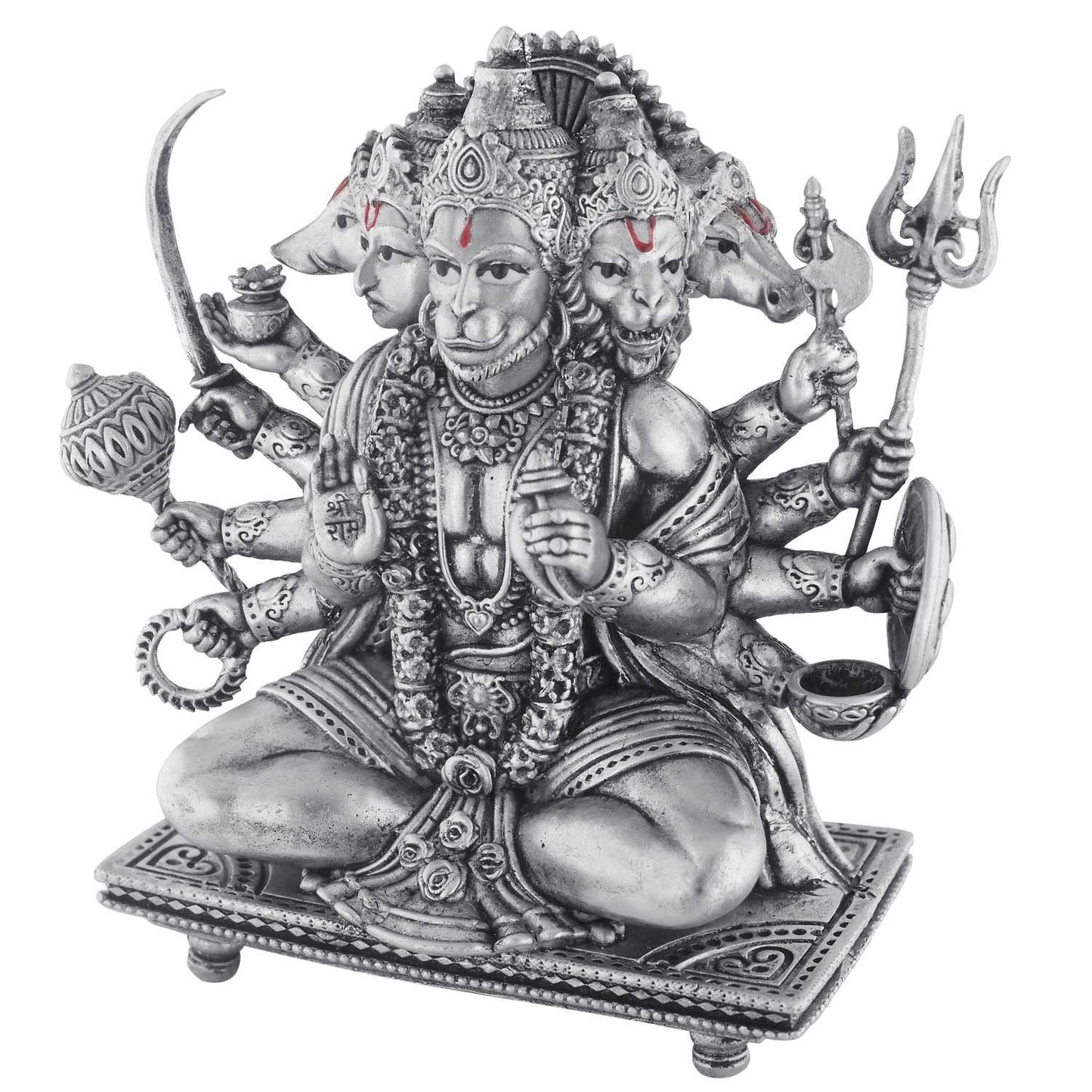 Statue of a multi-armed deity hanuman with various attributes on a white background