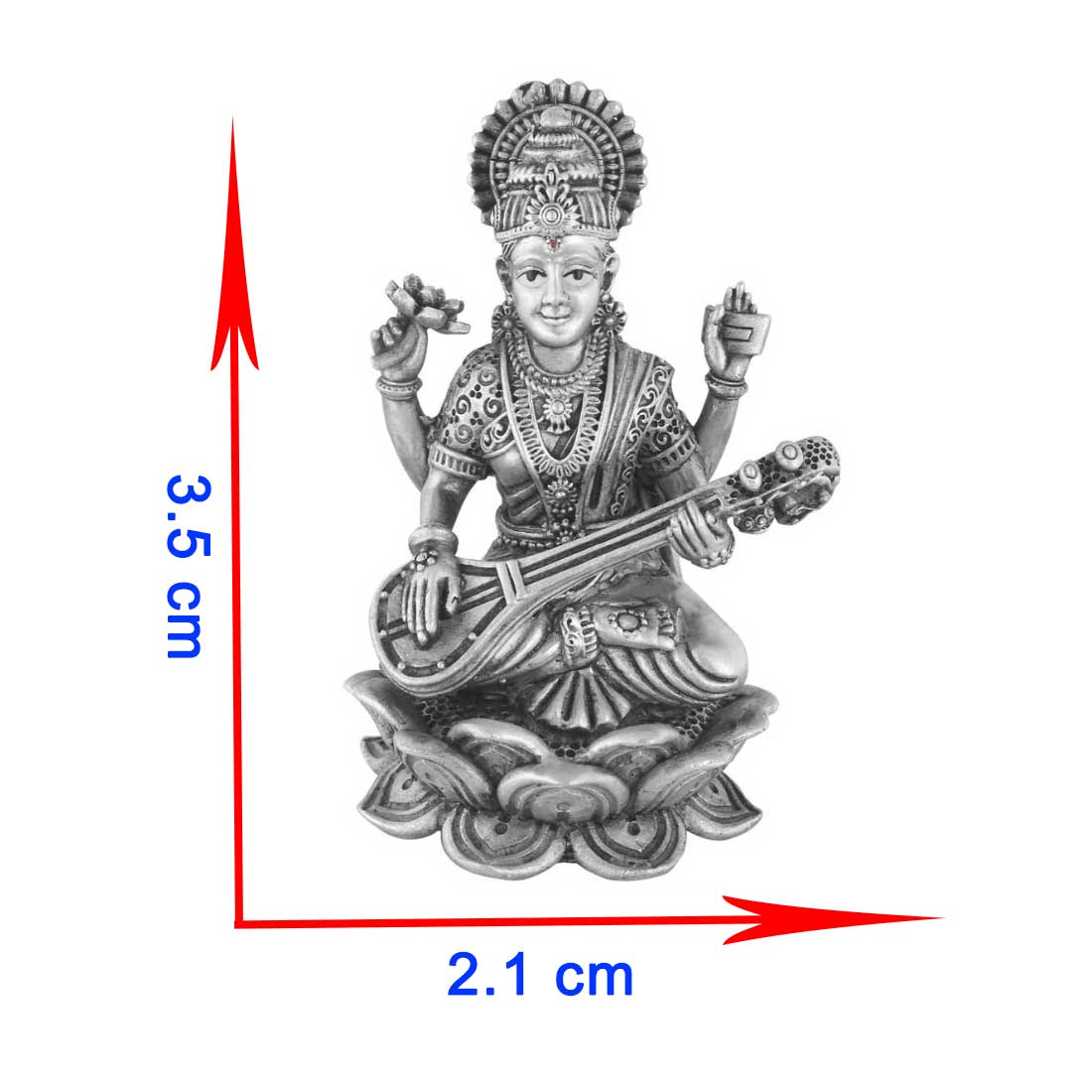 Decorative figure of a maa saraswati playing a stringed instrument with measurements on a white background