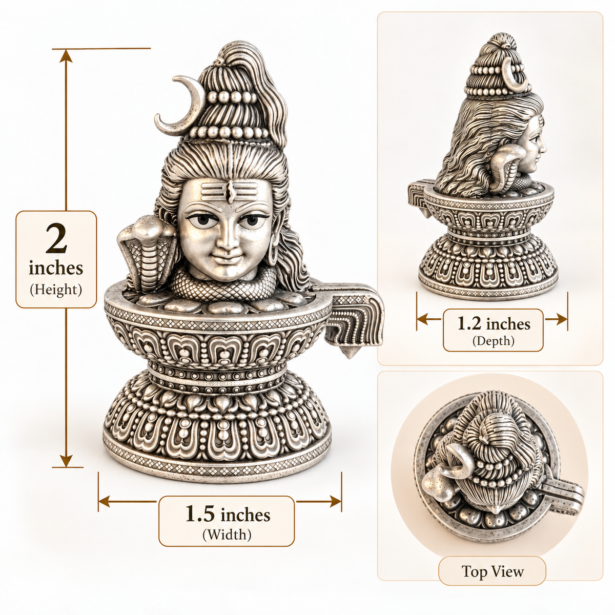 925 silver Lord Shiva face Shivling, 2 inch size and dimensions