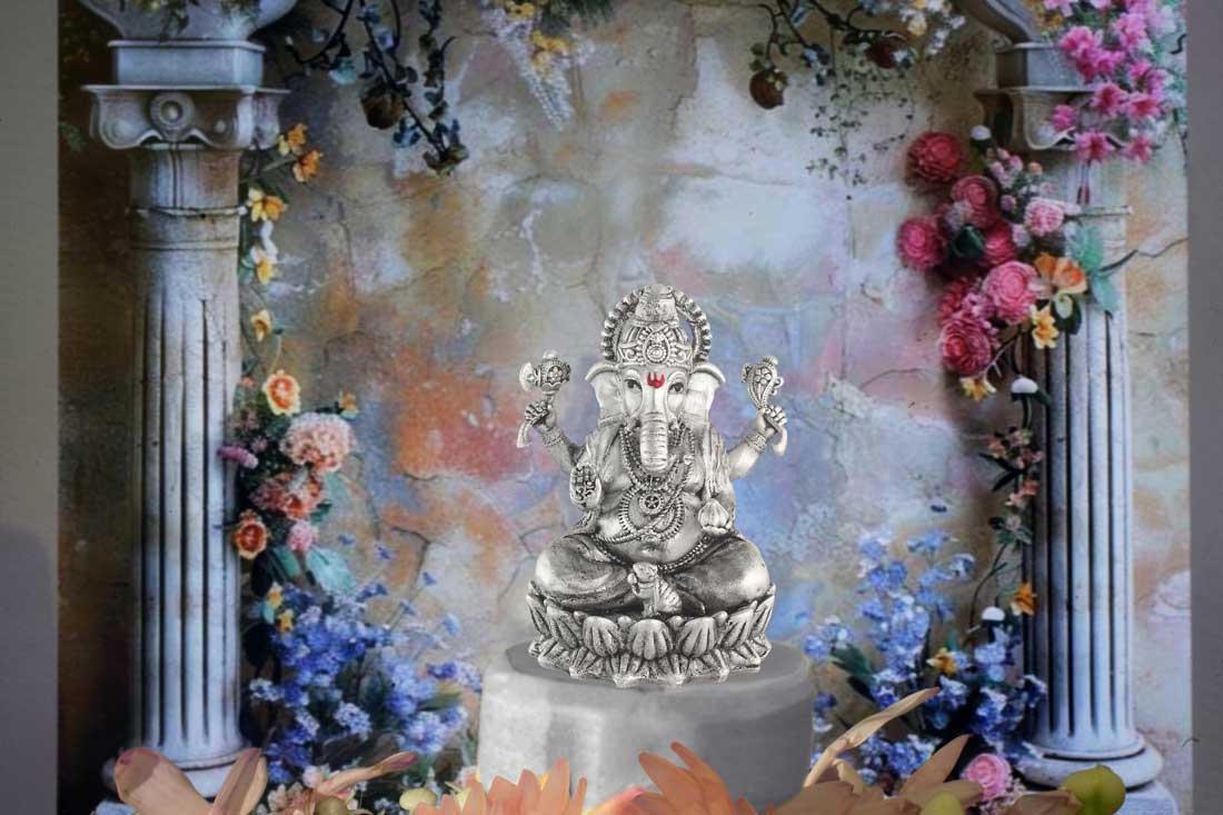 Silver Ganesha with Mouse Antique Look God Idol