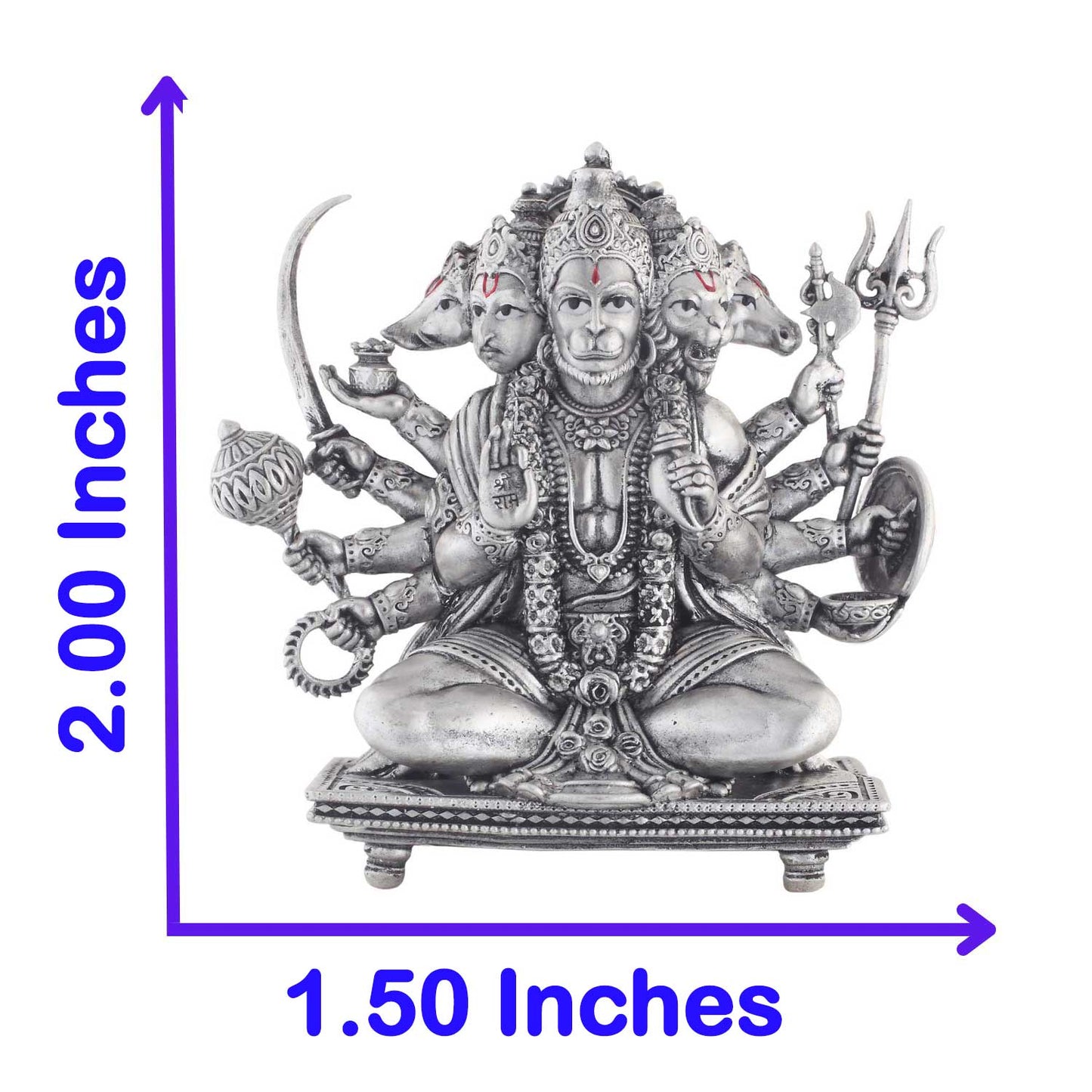 Silver hanuman with dimensions labeled on a white background