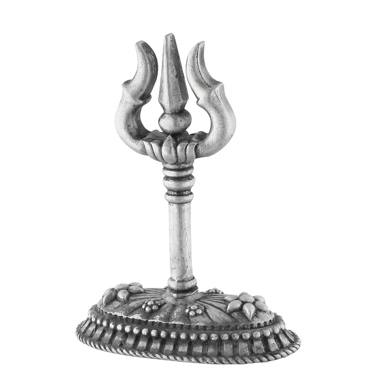 Decorative silver trident with intricate base on a white background