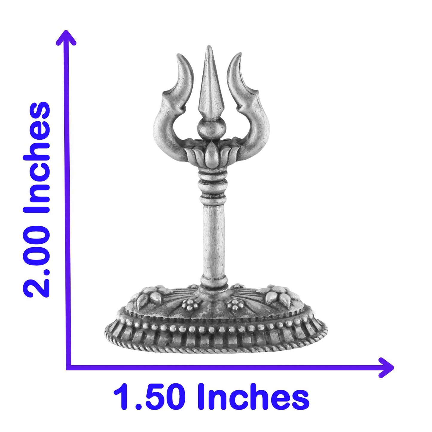 Silver trident with measurements on a white background