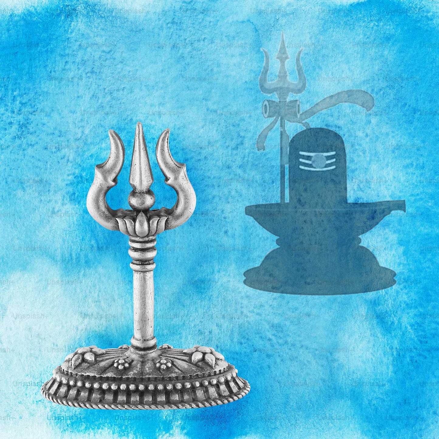 Decorative silver trident on a blue background