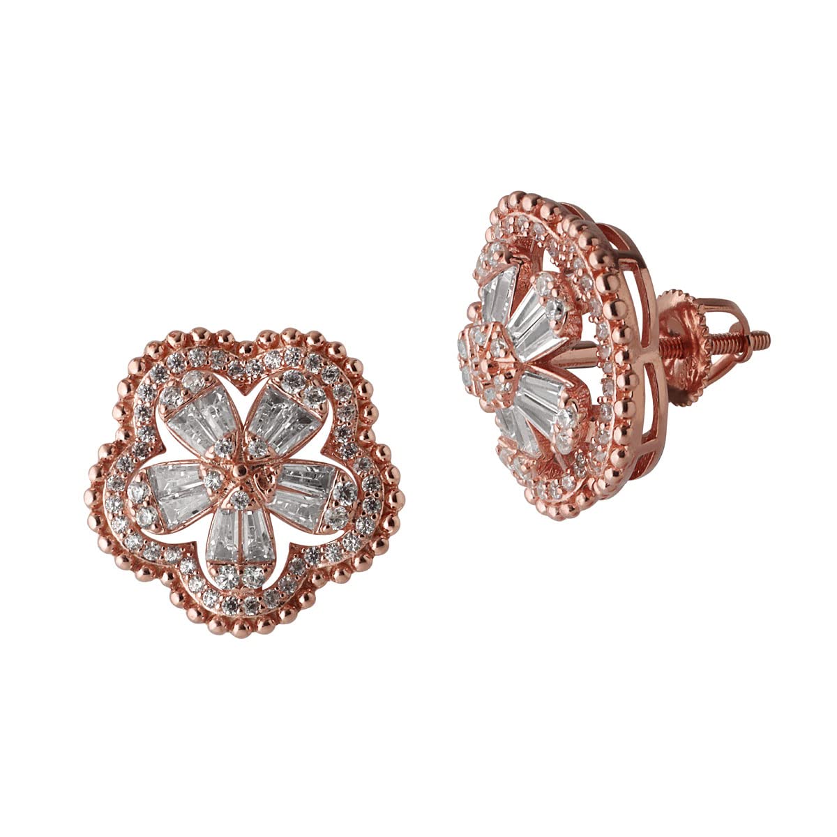 CaratCafe Pure Silver Earrings Flower Round Baguette CZ Rose Gold Color Earrings For Women Girls