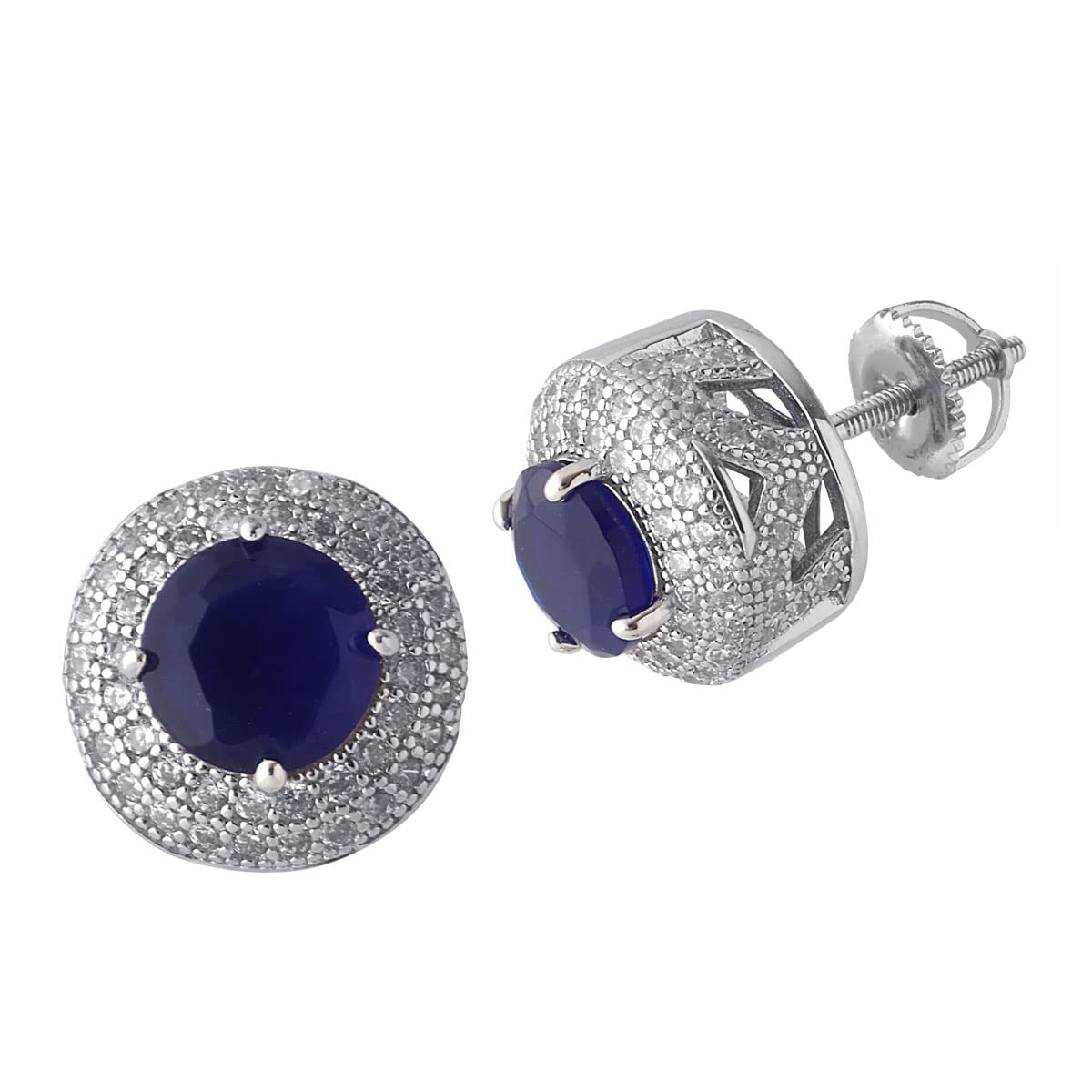 CaratCafe Pure Silver Earrings Blue Sapphirre Stone Side Design Round CZ White Gold Color Earrings For Women Girls