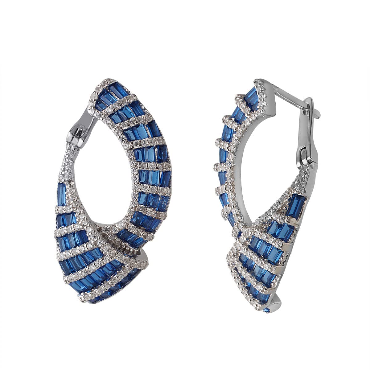 CaratCafe Pure Silver Earrings Blue Sapphire Buggette Round Shape CZ White Gold Color Earrings For Women Girls