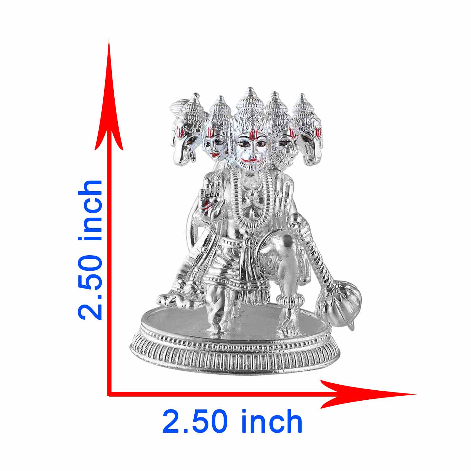 Panchmukhi Hanuman made in silver showing size of the idol in inches