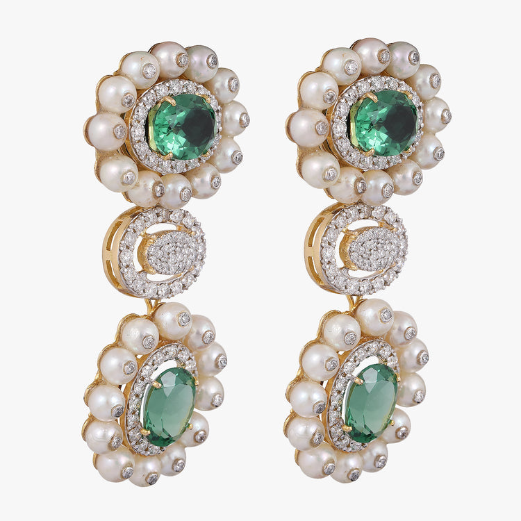 Long Drop Earrings with Natural Diamonds, Pearls & Green Stone in Gold - Certified Diamond Jewellery at CaratCafe