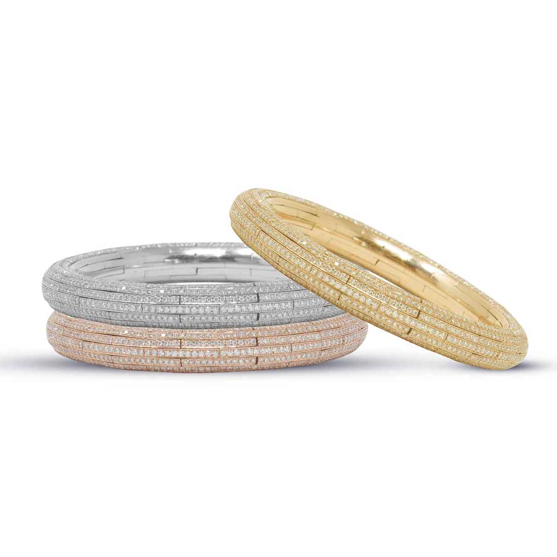 natural diamond bangles stretchable in rose yellow and white gold