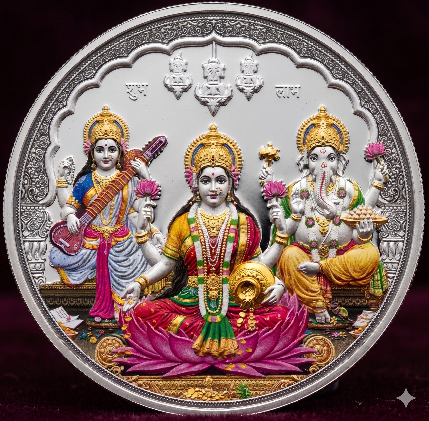 silver coin with three dieties with enamel work