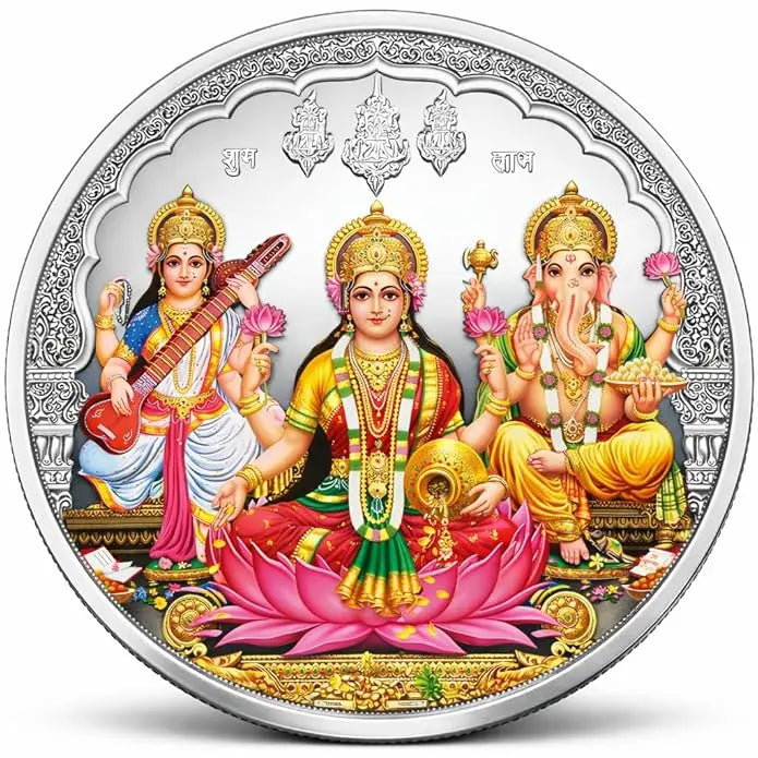 999 Pure Silver Coin with Three Deities and Enamel Work - BIS Hallmark Certified at CaratCafe