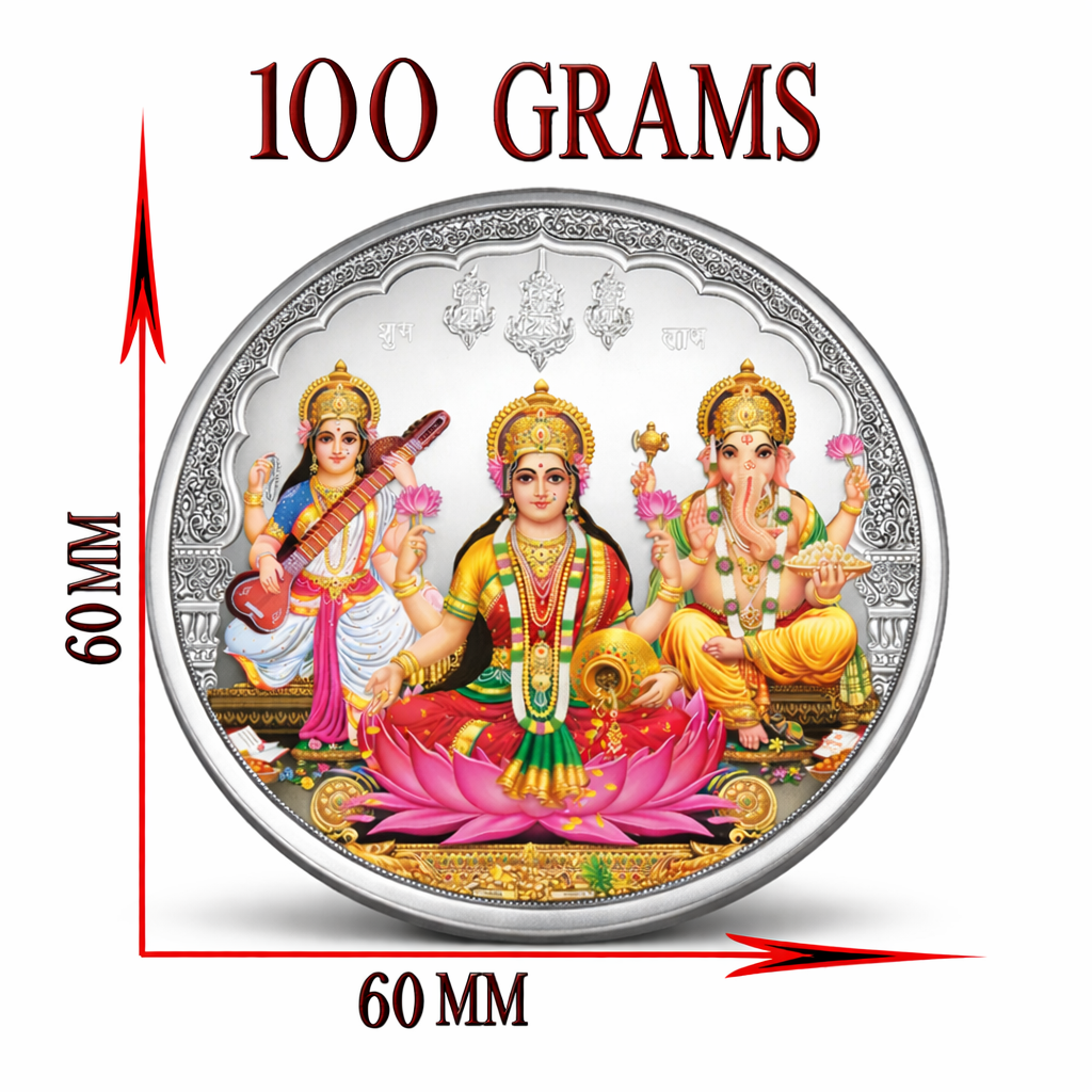 100 g silver coin with religious figures and measurements on a white background