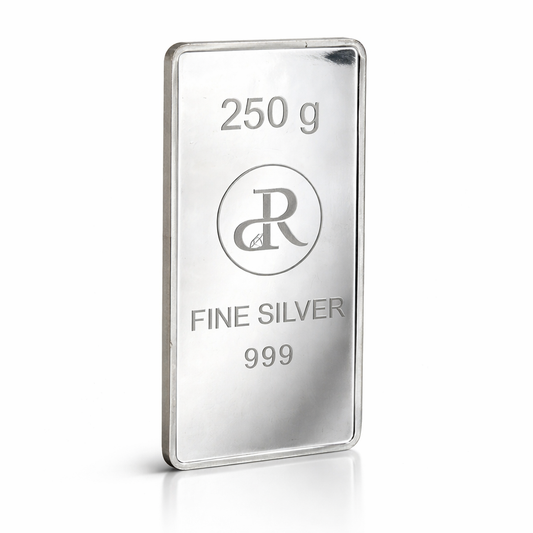 Silver bar with '250 g' and '999' marking on a white background