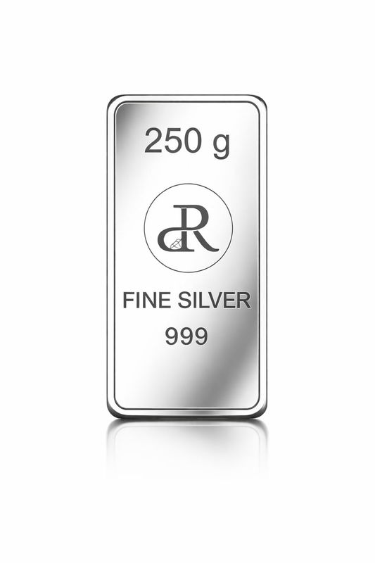 Silver bar with '250 g' and '999' marking on a white background