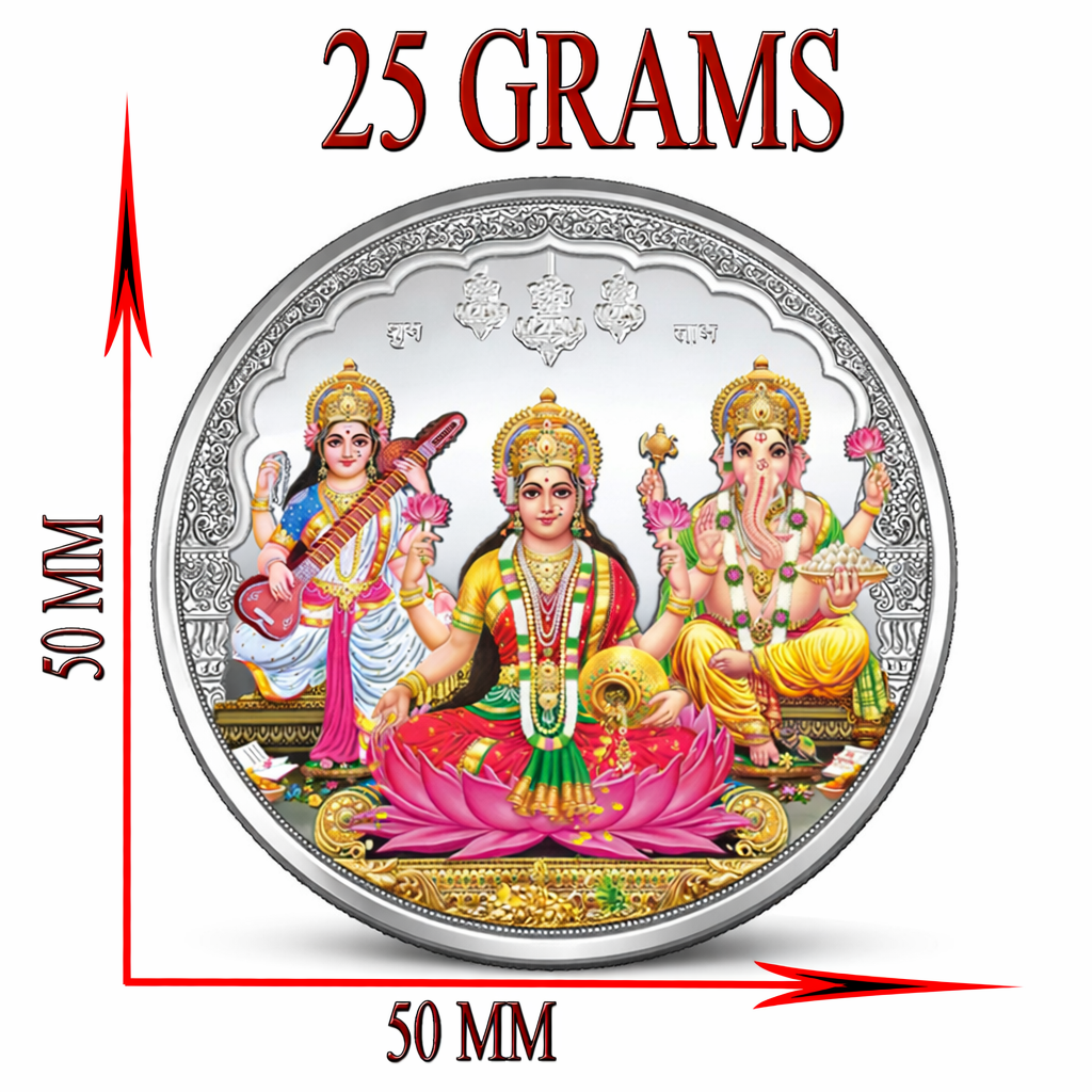 25 g silver coin with three figures on a white background, showing measurements.