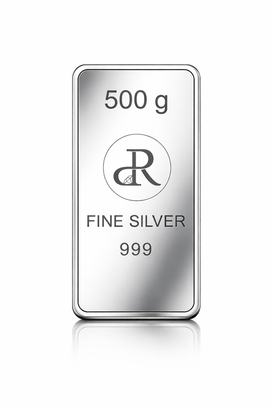 Silver bar with 'PRD' logo and '500g' marking on a white background