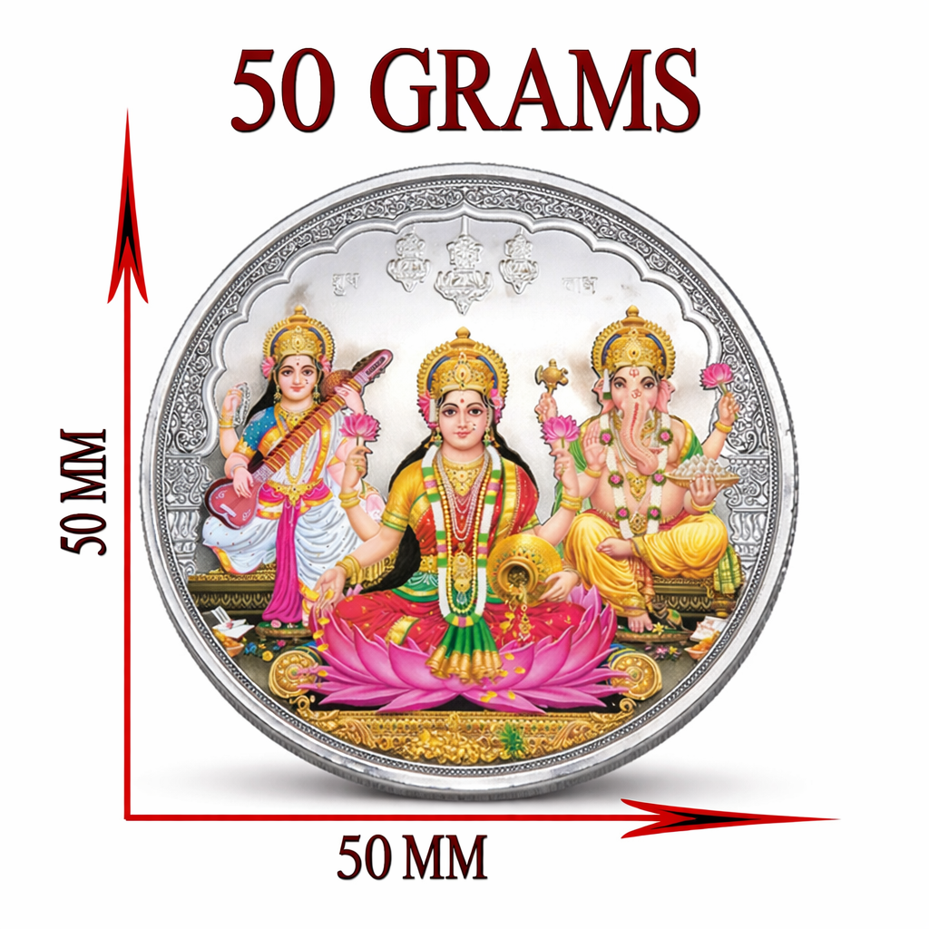 50 g silver coin with figures and measurements on a white background
