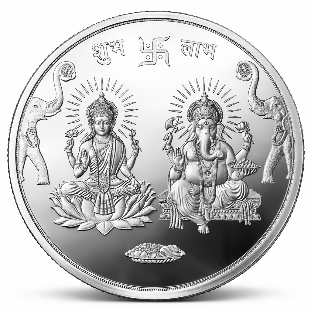 Silver coin with images of deities and symbols on a white background