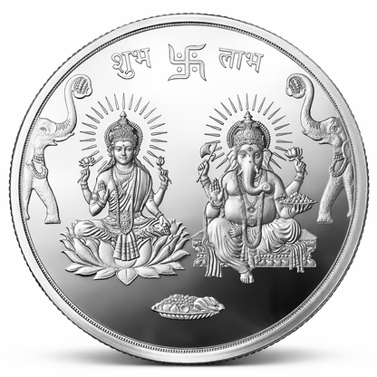 Silver coin with images of deities and symbols on a white background
