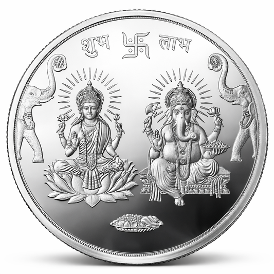 Silver coin with images of deities and symbols on a white background