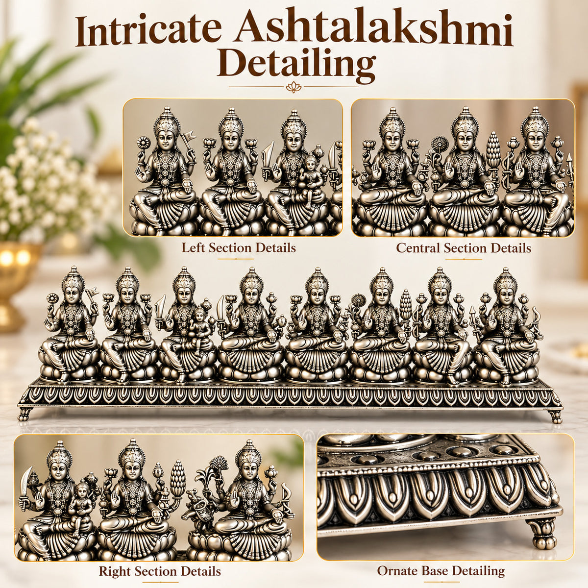 925 silver Ashta Lakshmi idol set showing intricate deity and base detailing