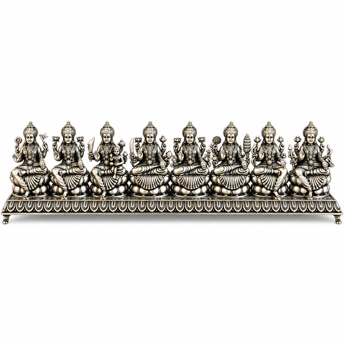 925 silver Ashta Lakshmi idol set, 14 inch front view on white background