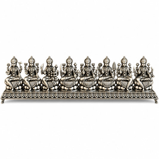 925 silver Ashta Lakshmi idol set, 14 inch front view on white background