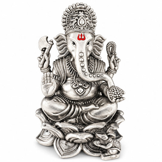 925 silver Ganesh idol in antique finish, 5 inch front view