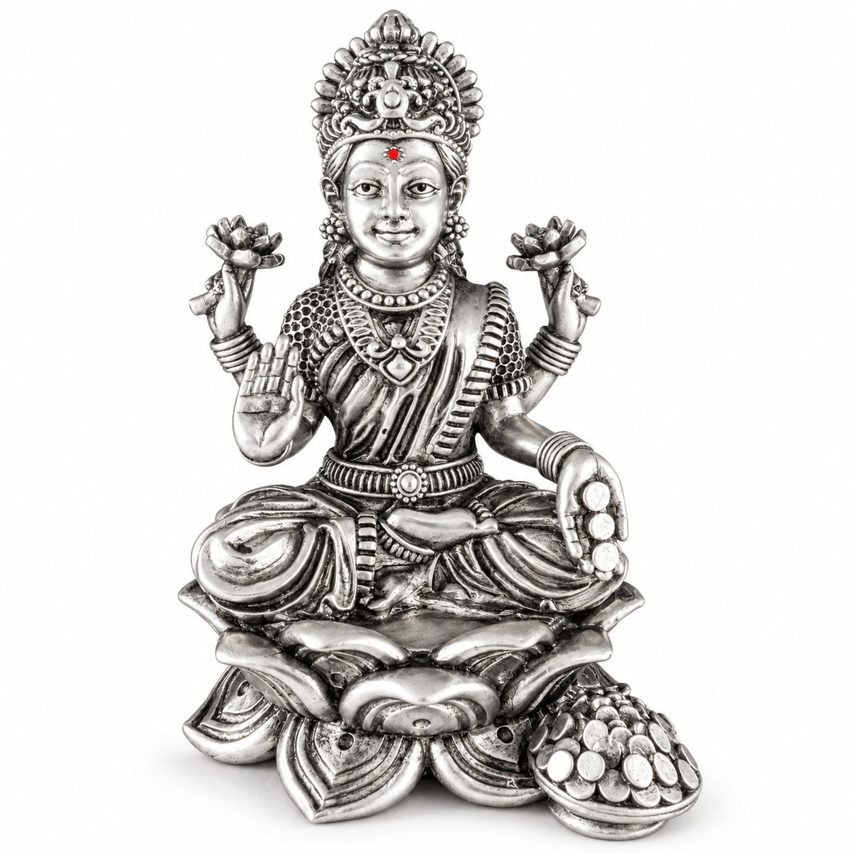 925 silver Maa Laxmi idol in antique finish, 5 inch front view