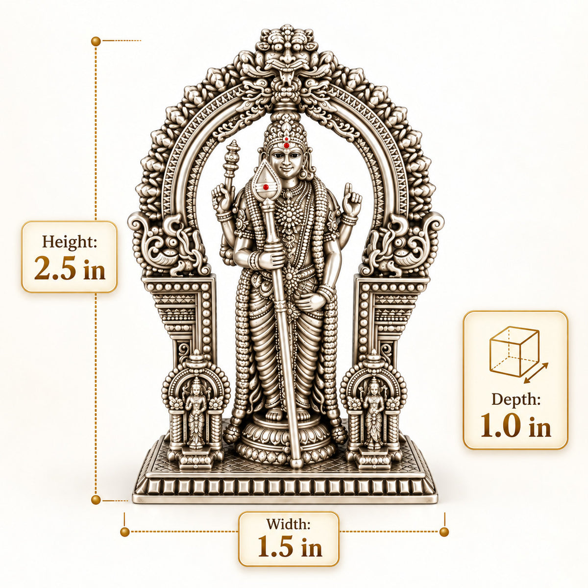 925 silver Lord Murugan idol with Vel size and dimensions graphic