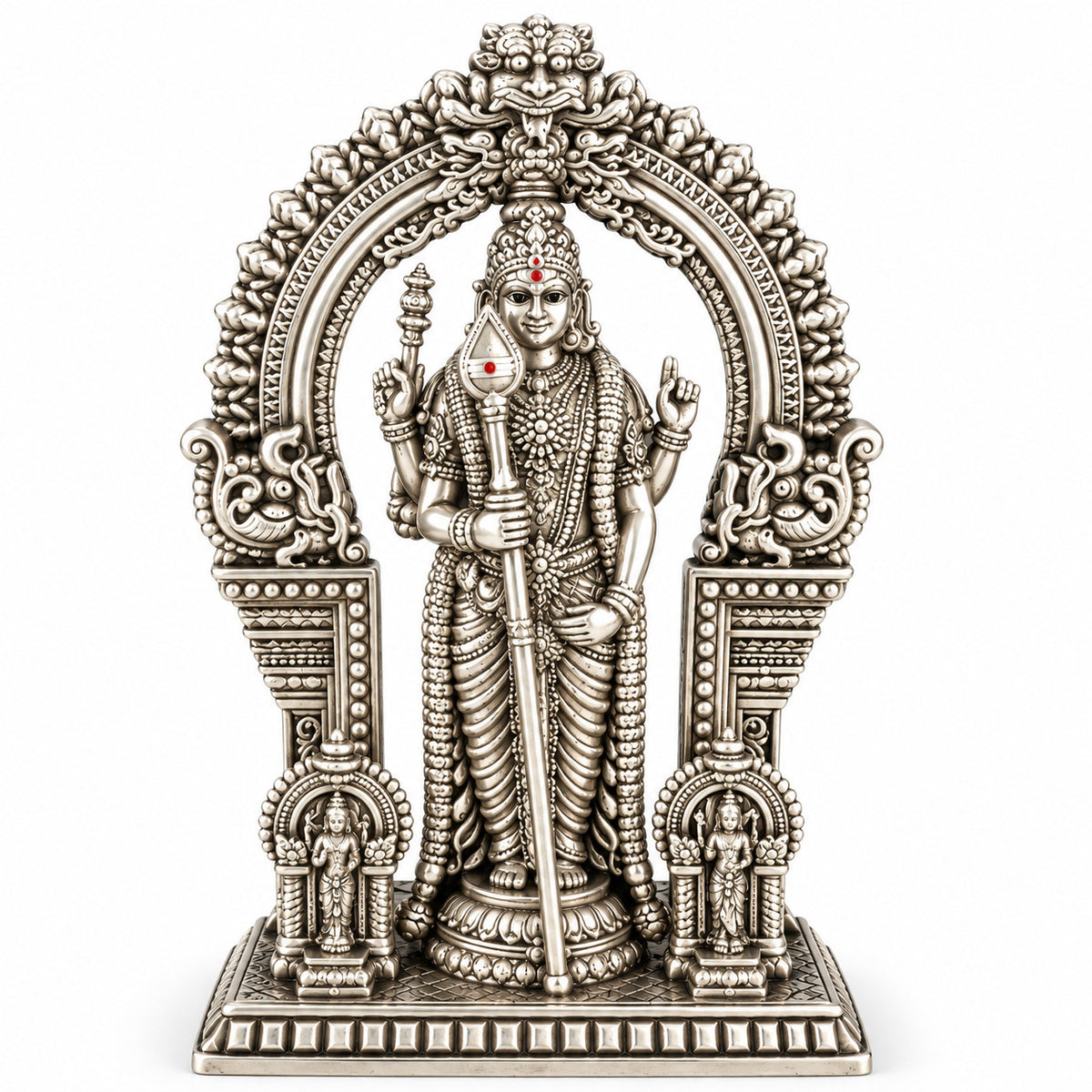925 silver Lord Murugan idol with Vel in antique finish, 2.5 inch front view