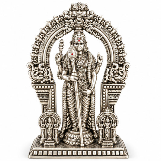 925 silver Lord Murugan idol with Vel in antique finish, 2.5 inch front view