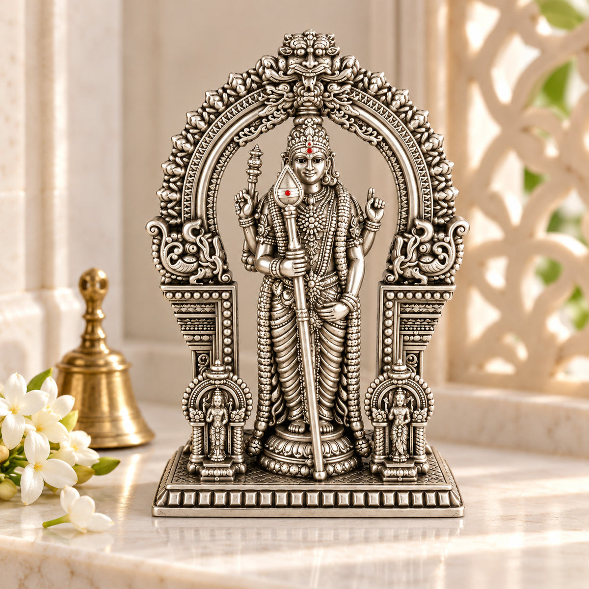 925 silver Lord Murugan idol with Vel displayed in a devotional setting