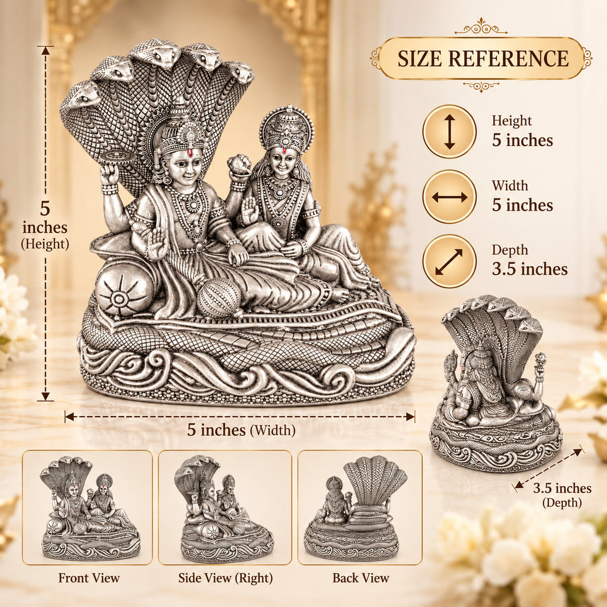 925 silver Narayan Laxmi idol under Sheshnag size and dimensions graphic