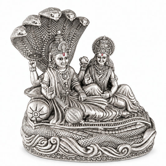925 silver Narayan Laxmi idol under Sheshnag, 5 inch front view