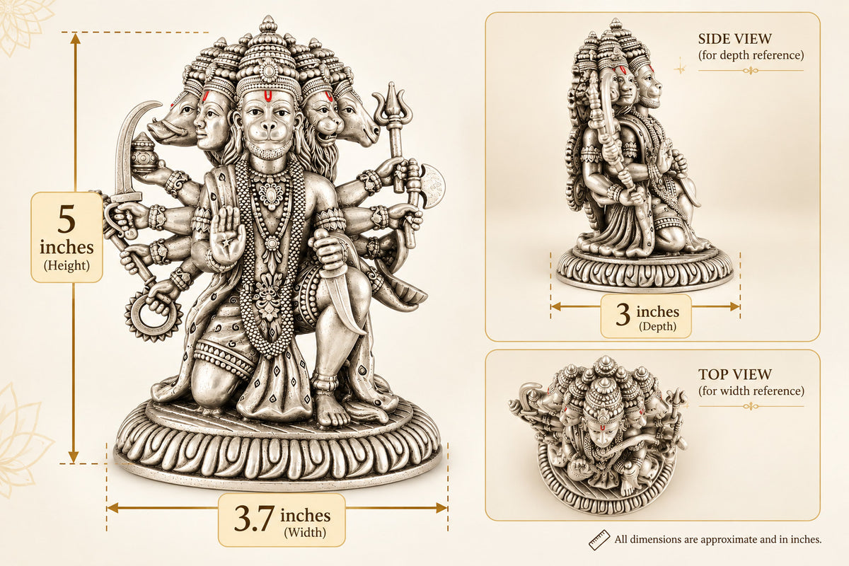 925 silver Panchmukhi Hanuman idol size and dimensions graphic