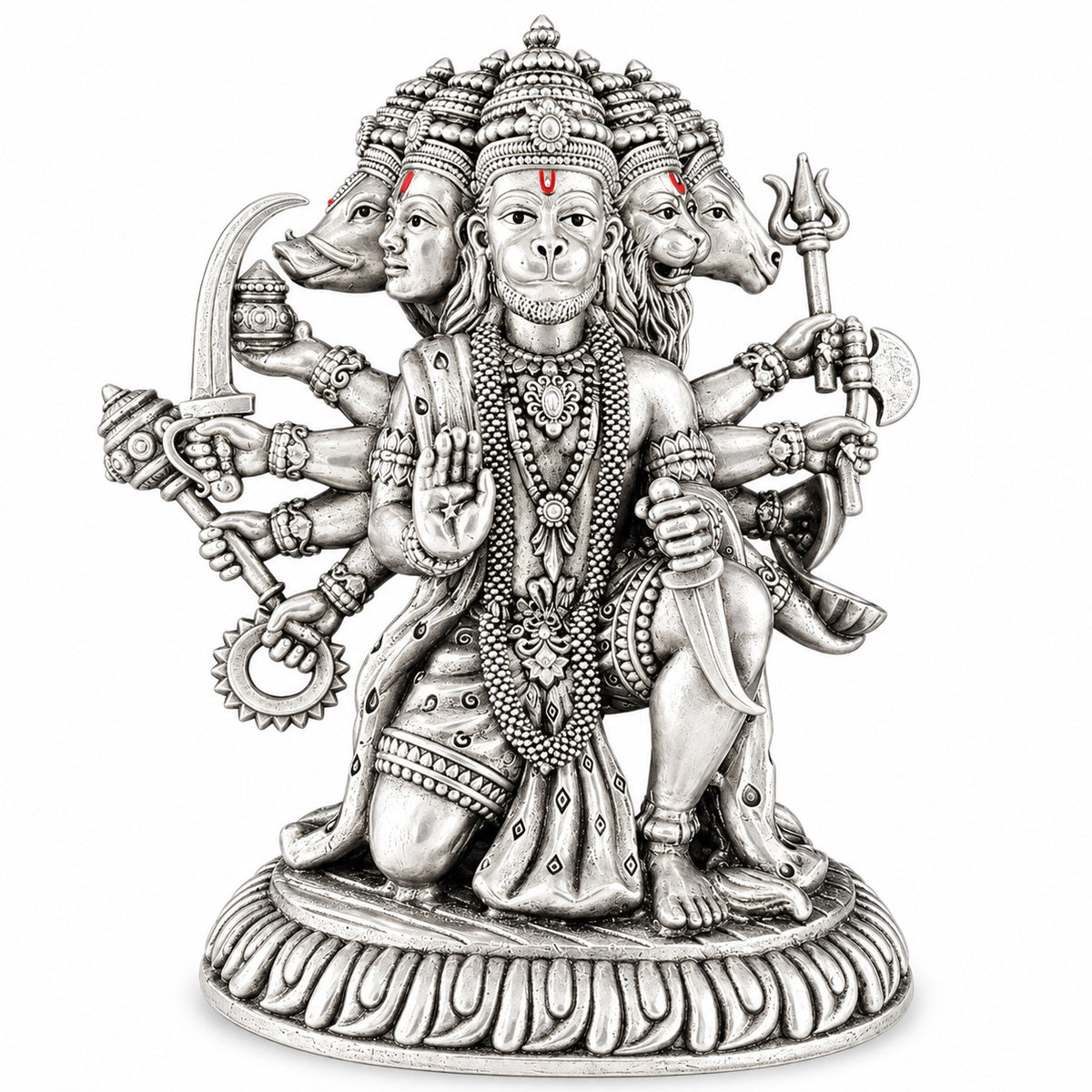 925 silver Panchmukhi Hanuman idol in antique finish, 5 inch front view
