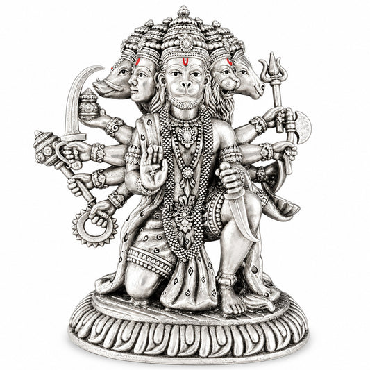925 silver Panchmukhi Hanuman idol in antique finish, 5 inch front view