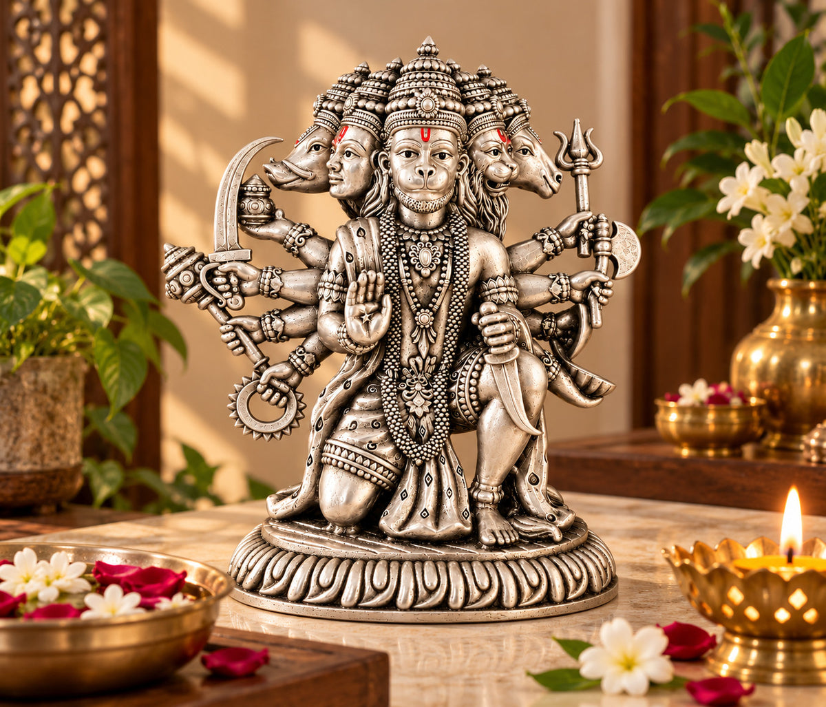 925 silver Panchmukhi Hanuman idol in a devotional display setting