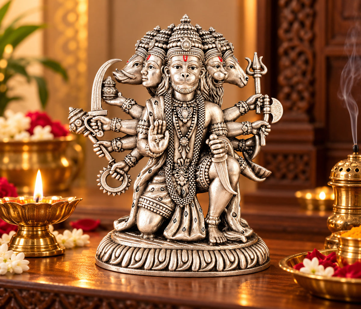 925 silver Panchmukhi Hanuman idol displayed in a home interior