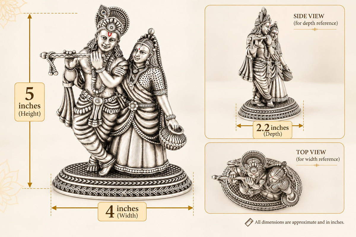 925 silver Radha Krishna idol size and dimensions graphic