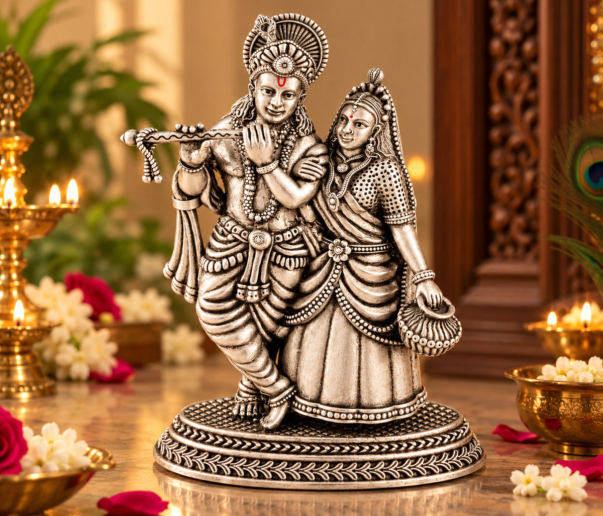 925 silver Radha Krishna idol displayed in a home interior