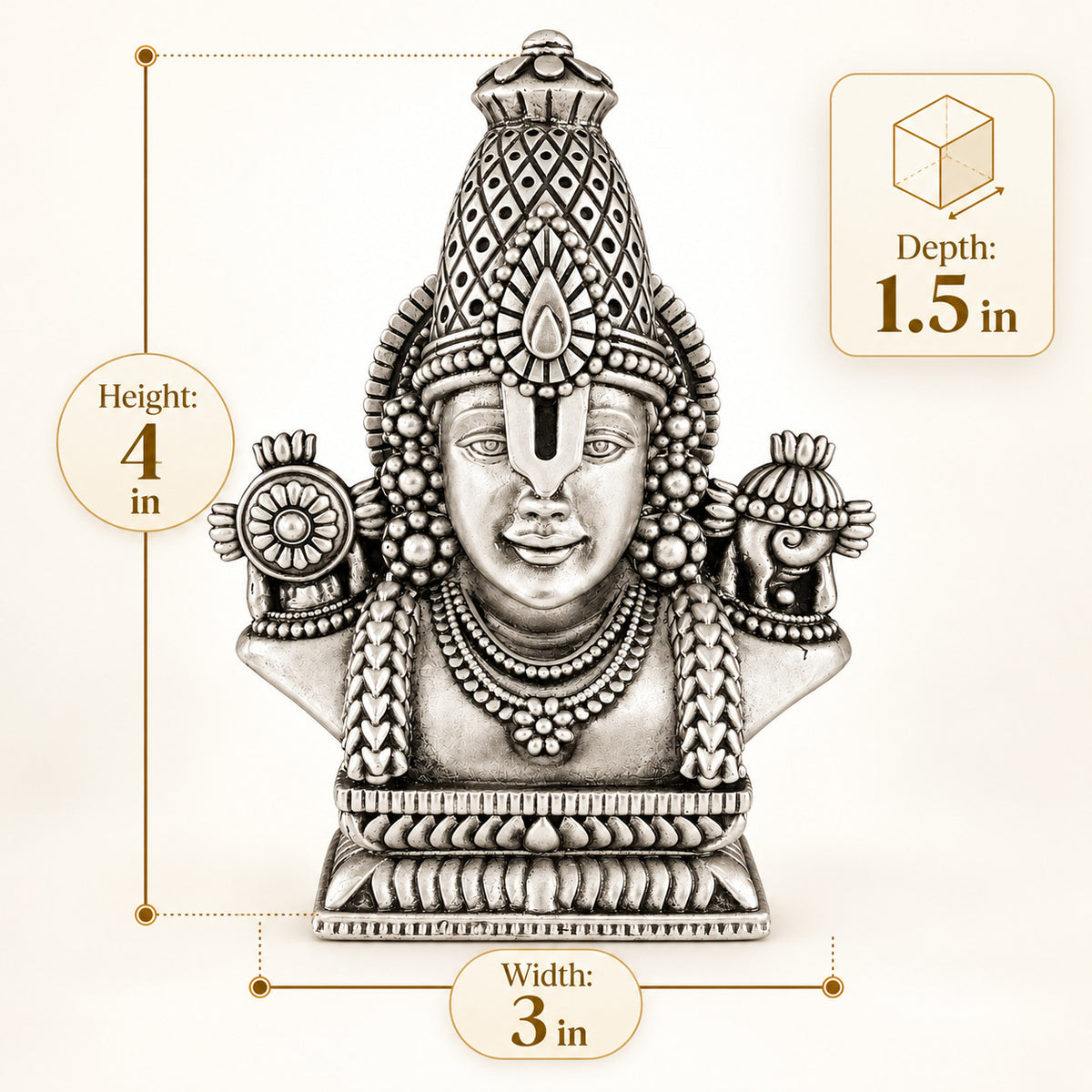 925 silver Tirupati Balaji bust idol size and dimensions graphic