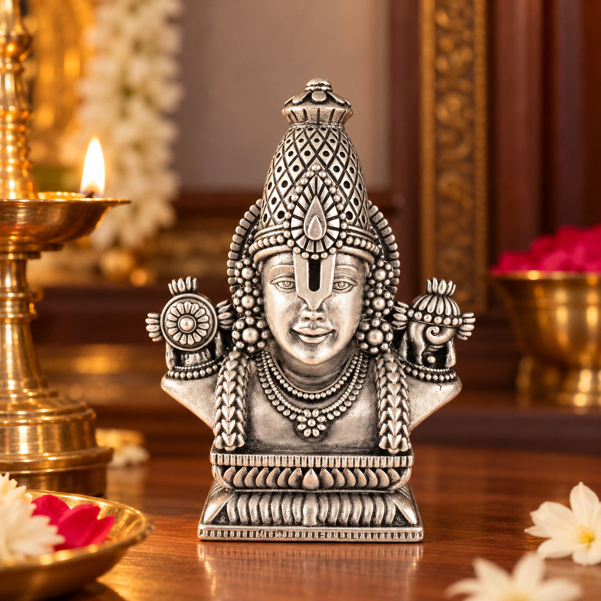925 silver Tirupati Balaji bust idol displayed in a home interior